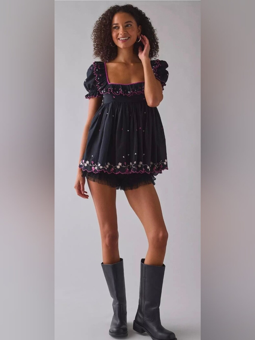 Kimchi Blue Floral Embroidered Ruffle Babydoll Tunic - Picture 3 of 5